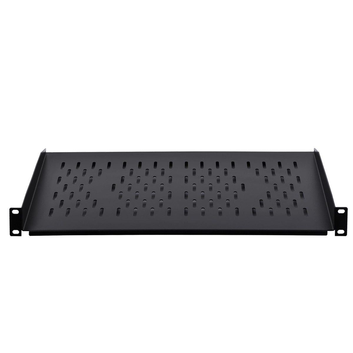RackPath shelf installed inside 19-inch rack holding networking equipment securely