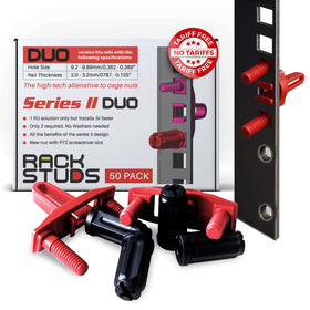 Rackstuds DUO50 1RU rack mount solution shown for fast, tool-free installation
