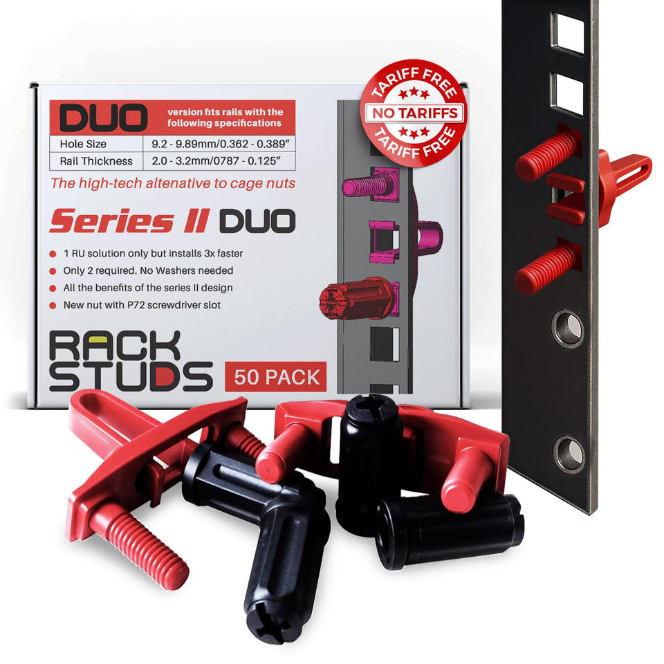 Rackstuds DUO50 1RU rack mount solution shown for fast, tool-free installation