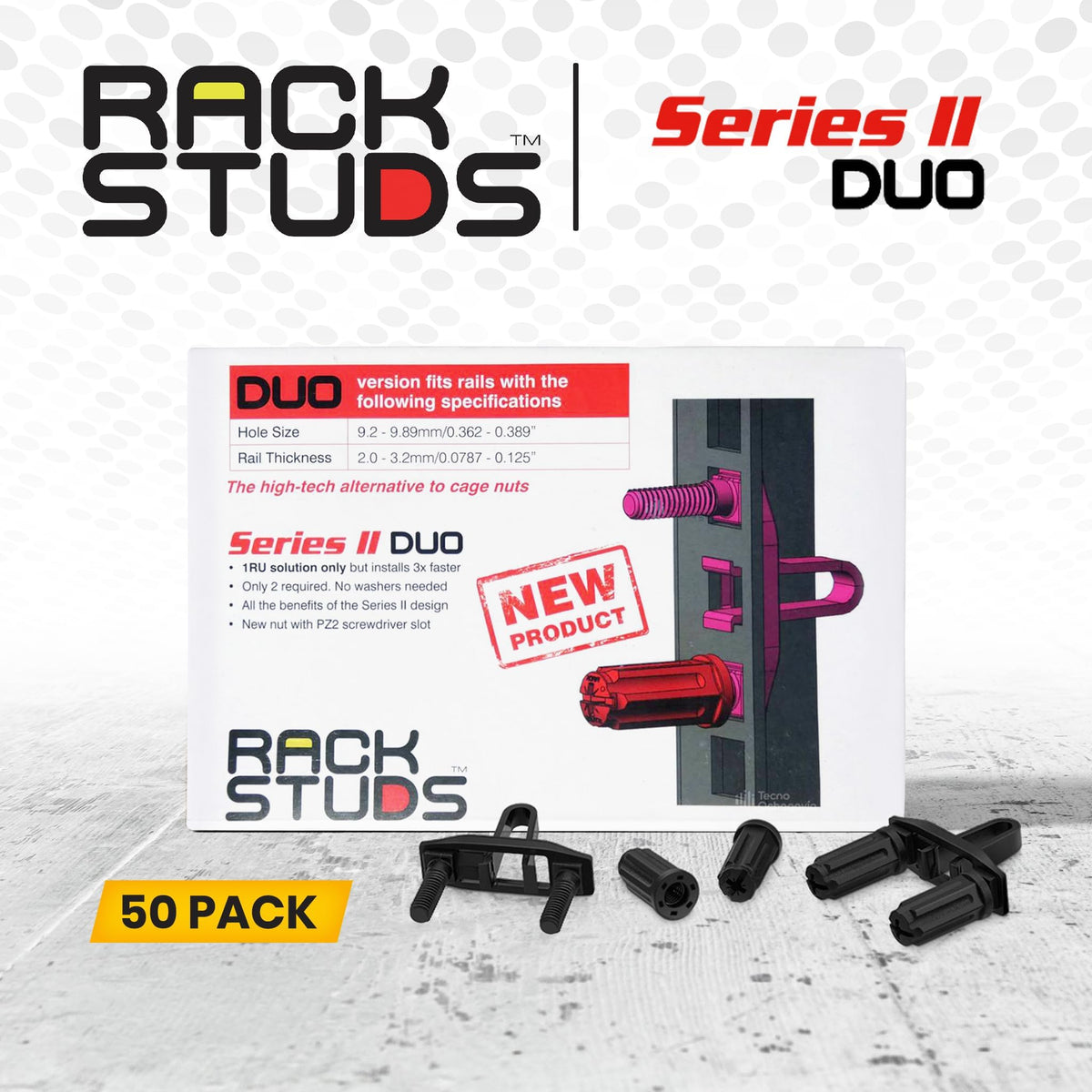 Rackstuds DUO50 50-pack packaging illustrates bulk deployment advantage