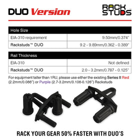 Rackstuds DUO50 sturdy design withstands impact for secure 1RU hardware mounting