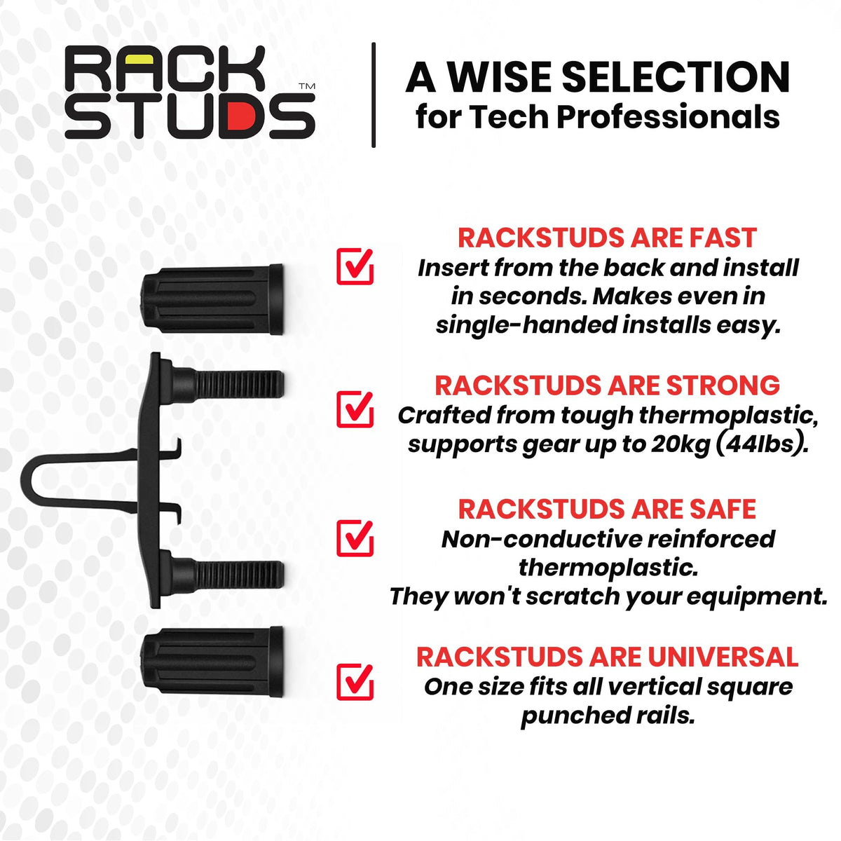 Rackstuds DUO50 rear-mount simplicity emphasizes less hardware and faster rack setup