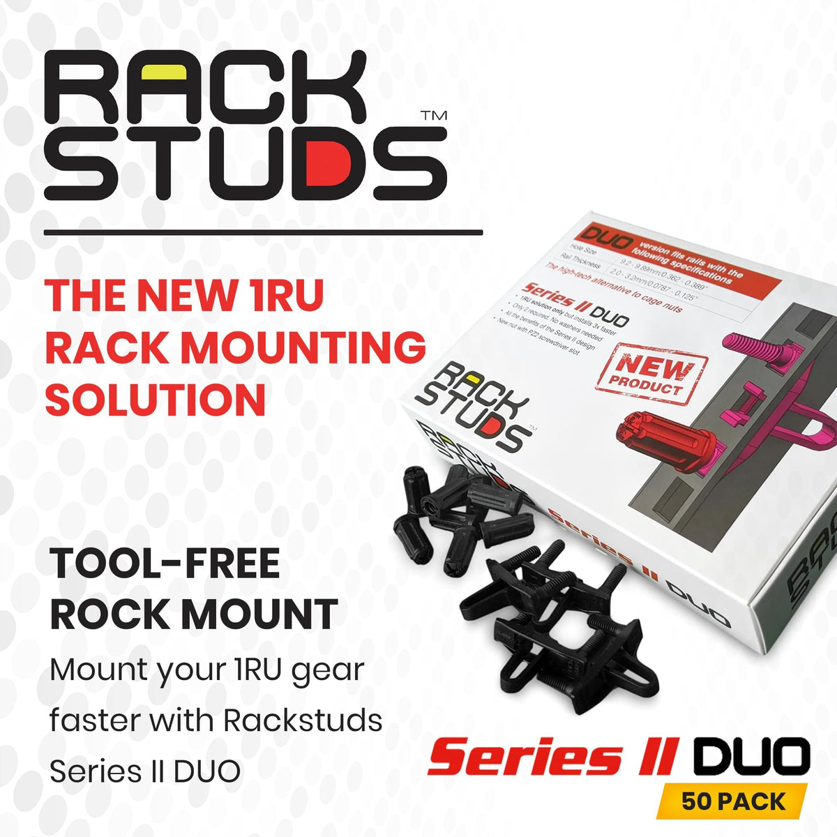 Rackstuds DUO50 tool-free install demonstrates rear setup for easy server mounting