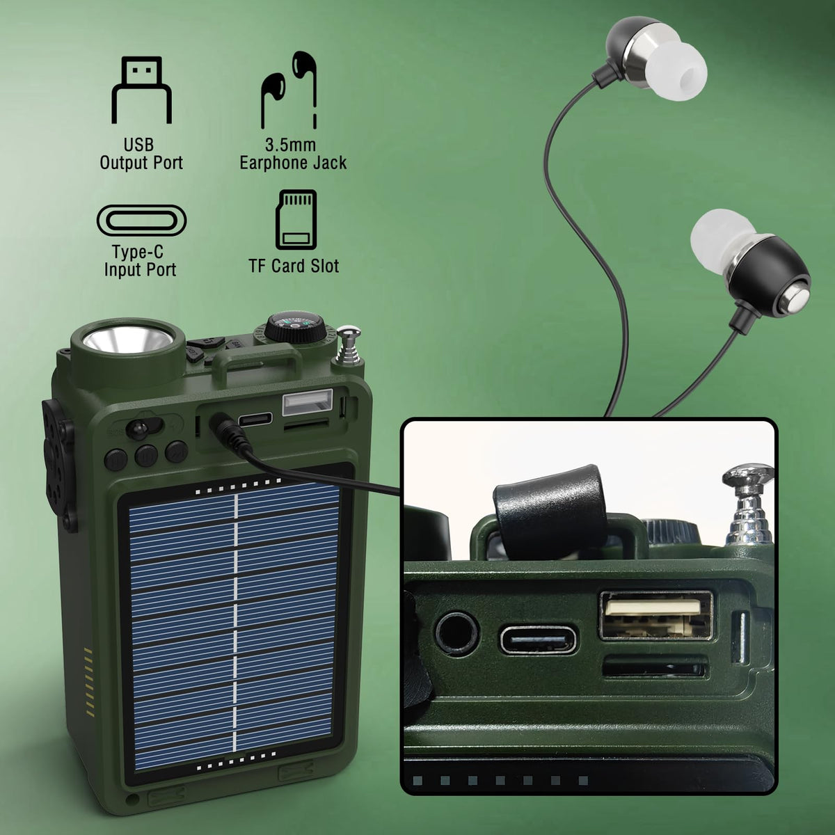 Raddy RE40 hand-crank mechanism displayed as an emergency power option