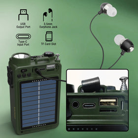 Raddy RE40 hand-crank mechanism displayed as an emergency power option