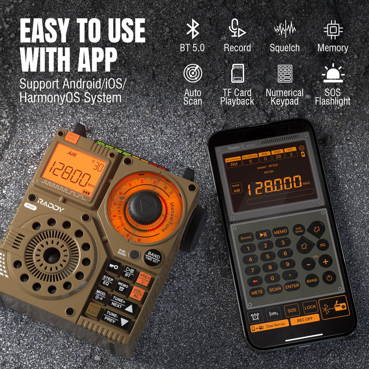 Raddy RF320 app control interface for easy tuning and recording