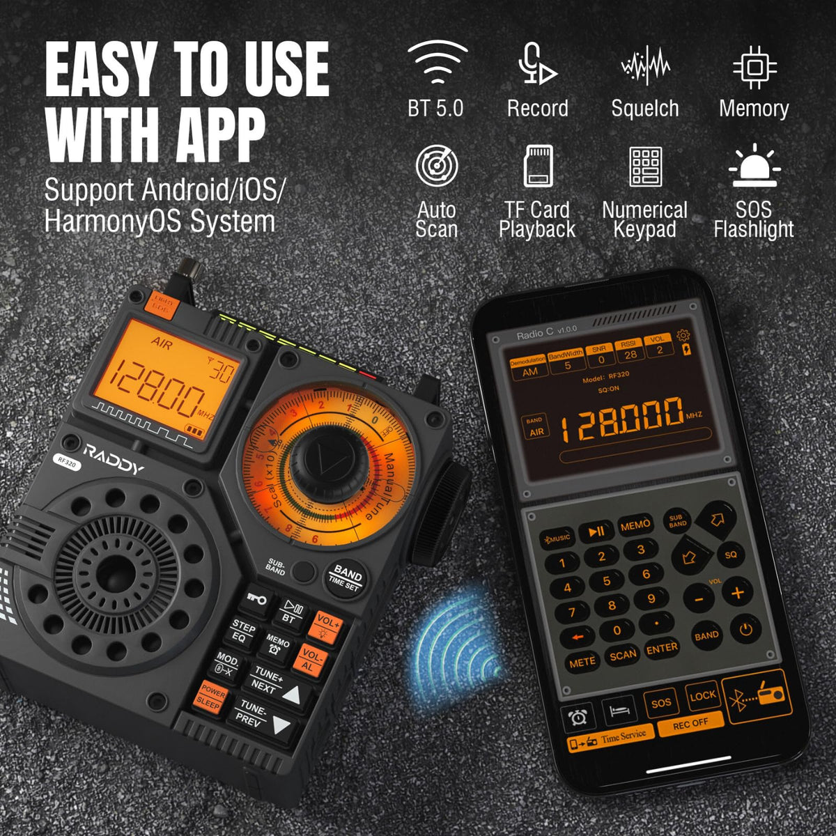 Raddy RF320 app control screen showing Bluetooth remote tuning.