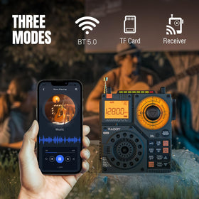 Raddy RF320 band selector highlights AIR FM VHF SW WB coverage for diverse programming.