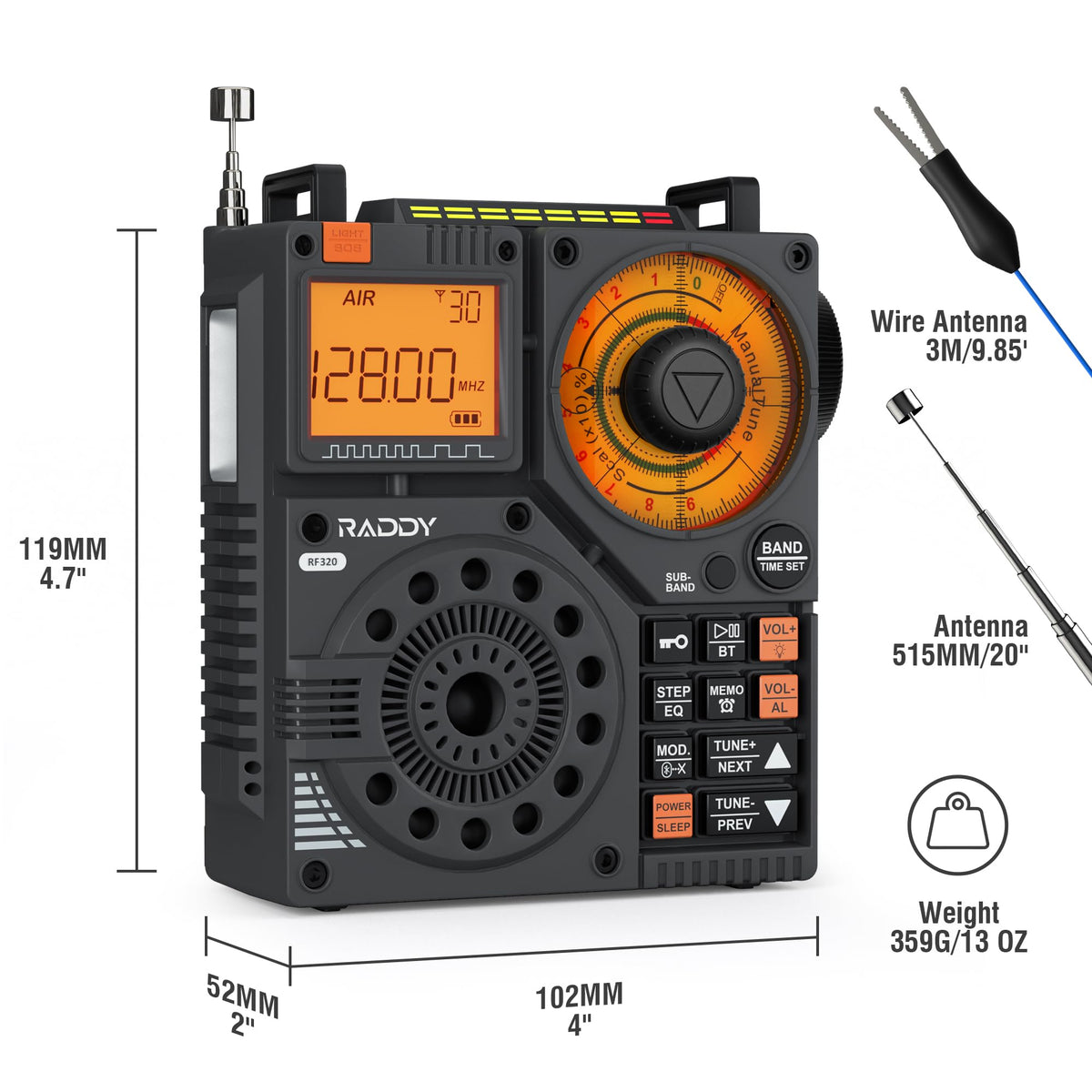 Raddy RF320 TF card playback supports personal listening with headphones.