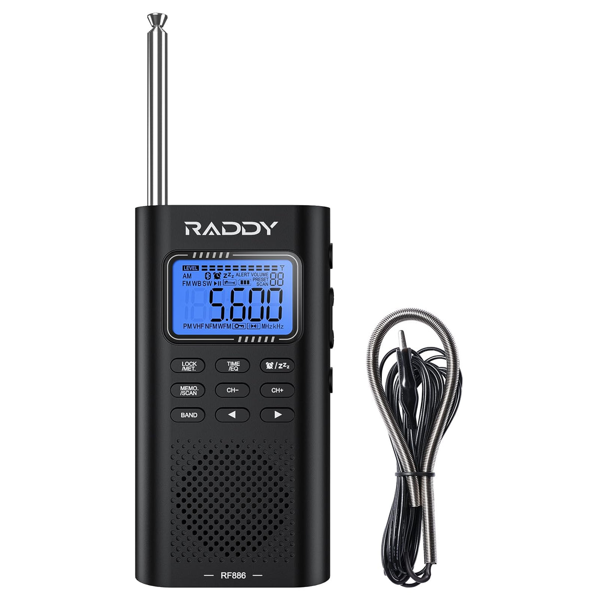 Raddy RF886 front view showing a compact radio for travel and on-the-go listening