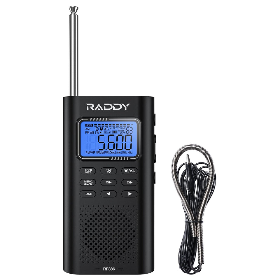 Raddy RF886 front view showing a compact radio for travel and on-the-go listening