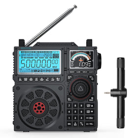 Raddy RF919 front view shows a compact multi-band receiver for travel-ready listening.