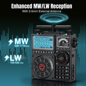 Raddy RF919 NOAA weather band display indicates weather alerts and forecasts.