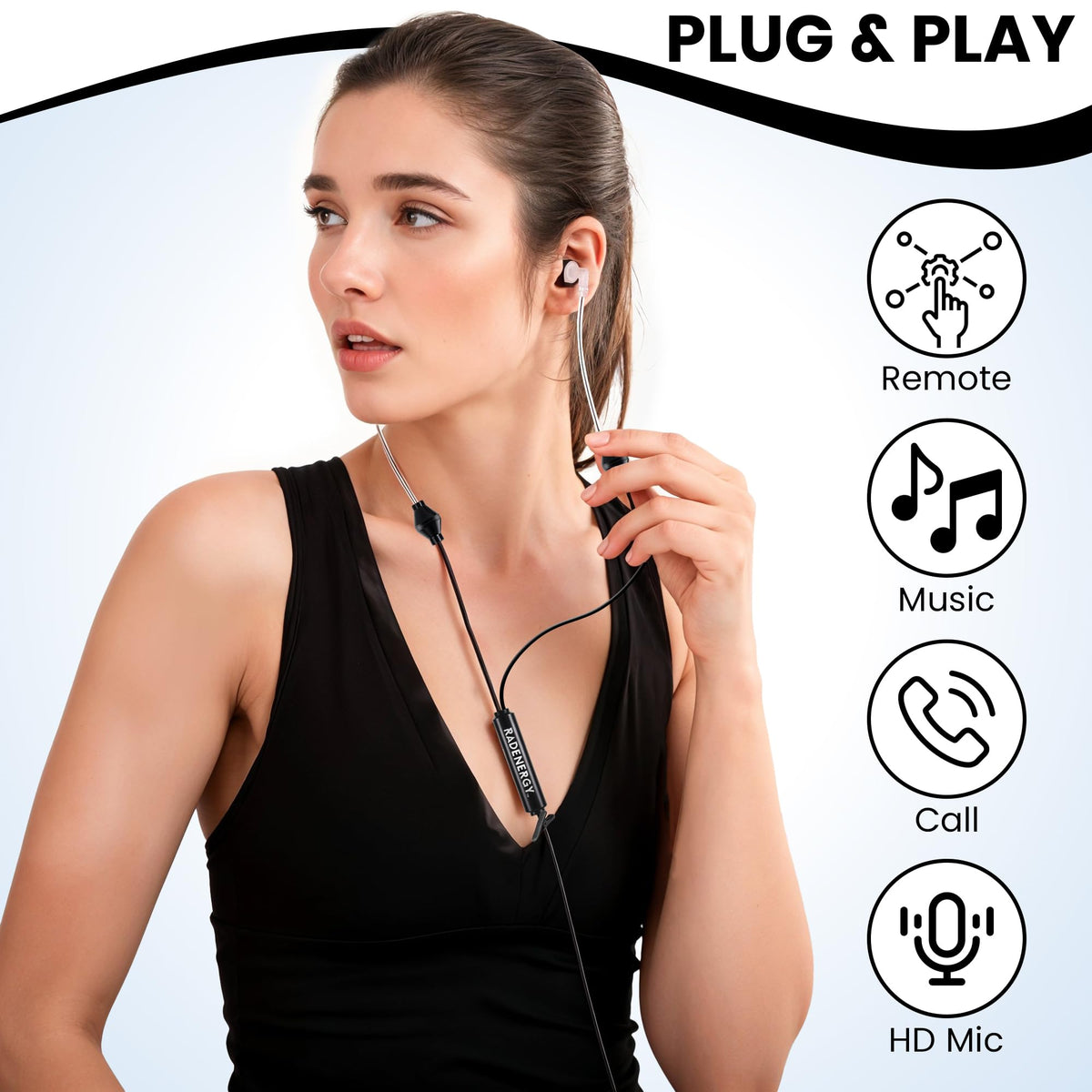 RadEnergy Airtube Headphones ergonomic ear tips ensure comfortable all-day wear.