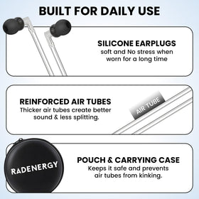 RadEnergy Airtube Headphones in compact zipper case for safe travel.
