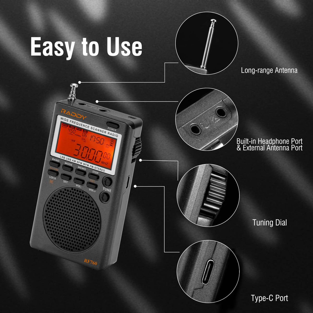 Radioddity RF760 9.7 ft external antenna extends reception