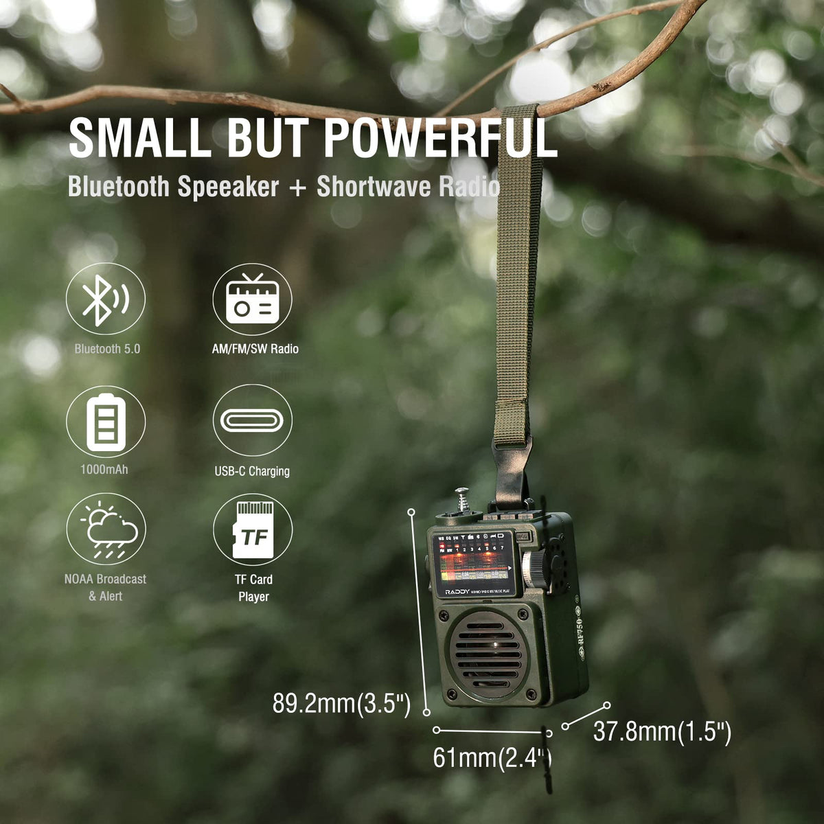 Radioddity RF750 rear with removable lithium battery removed for easy charging
