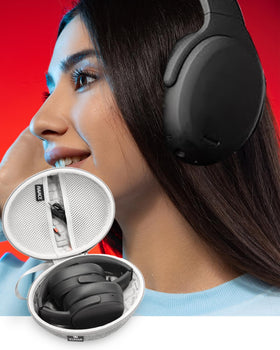 RAIACE case on a travel table illustrating portability and organized headphone protection