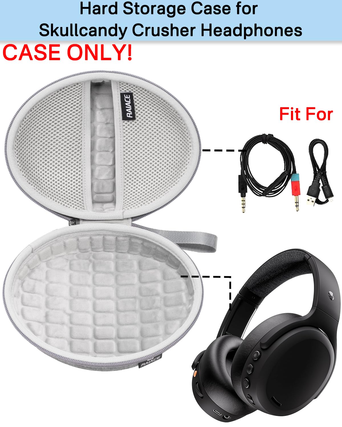 RAIACE case open showing fluffy gray lining that cushions Skullcandy Crusher headphones