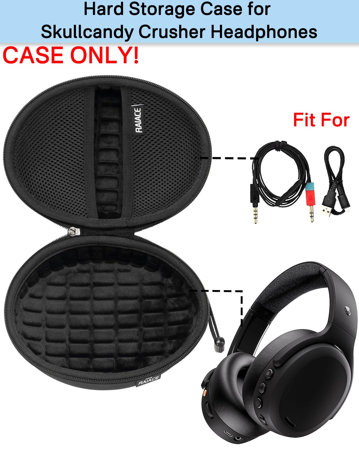 RAIACE open interior with mesh pocket organizing cables and adapter