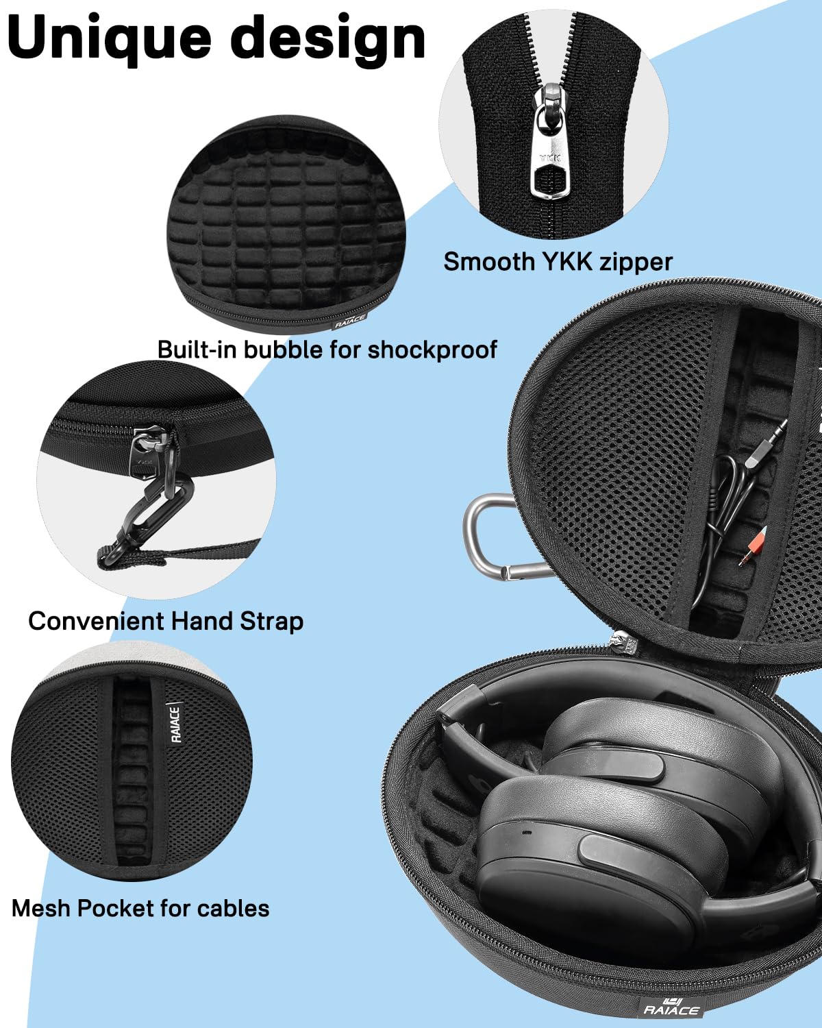 RAIACE zipper and hand strap detail for secure closure and easy carry