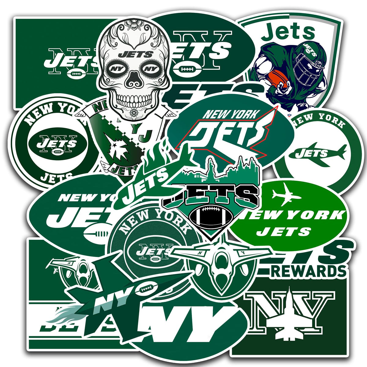 RAINBLOC front sheet showing 26 unique Jets decals and easy peel benefits