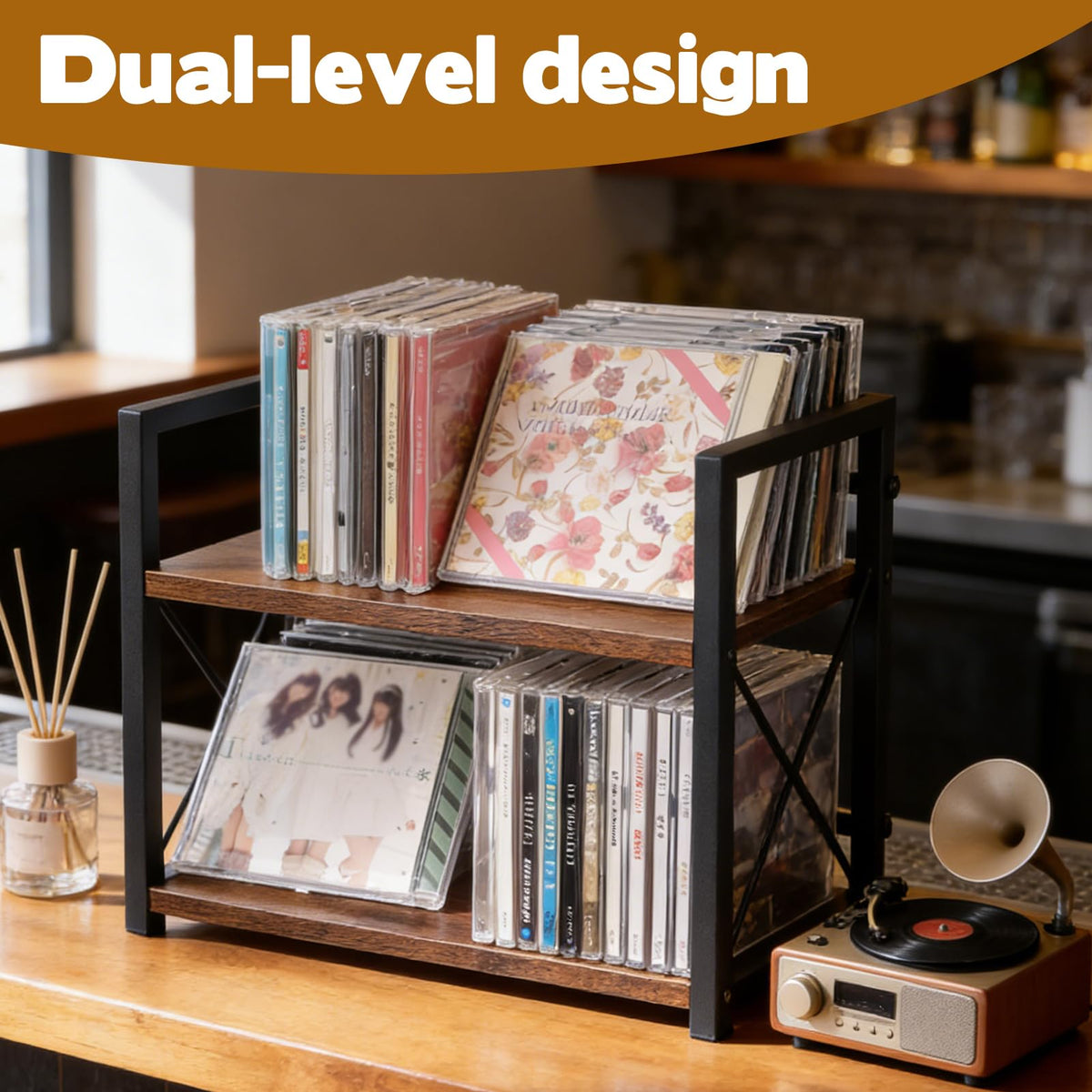 Tabletop Rainmae rack demonstrates space-saving, neat media storage.