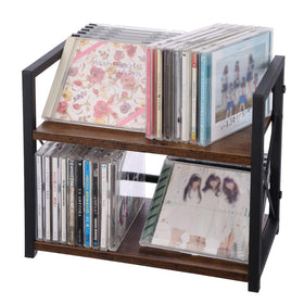 Side-angle view of Rainmae storage shelf showing sturdy wood and metal construction.