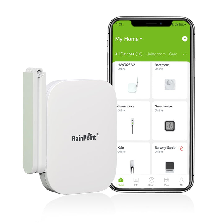 RAINPOINT Gen2 hub front view showing compact design and LED status for easy monitoring