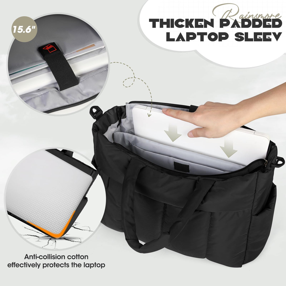 RAINSMORE laptop tote detachable-strap offers versatile wearing options.