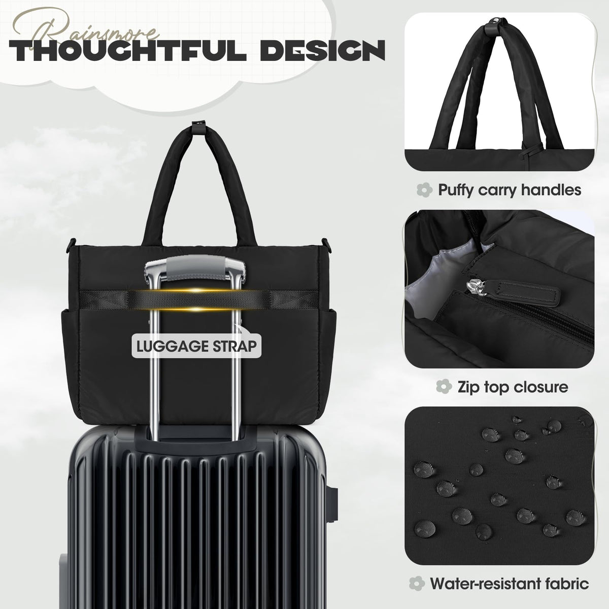 RAINSMORE laptop tote quick-access-pockets keep keys and phone within reach.
