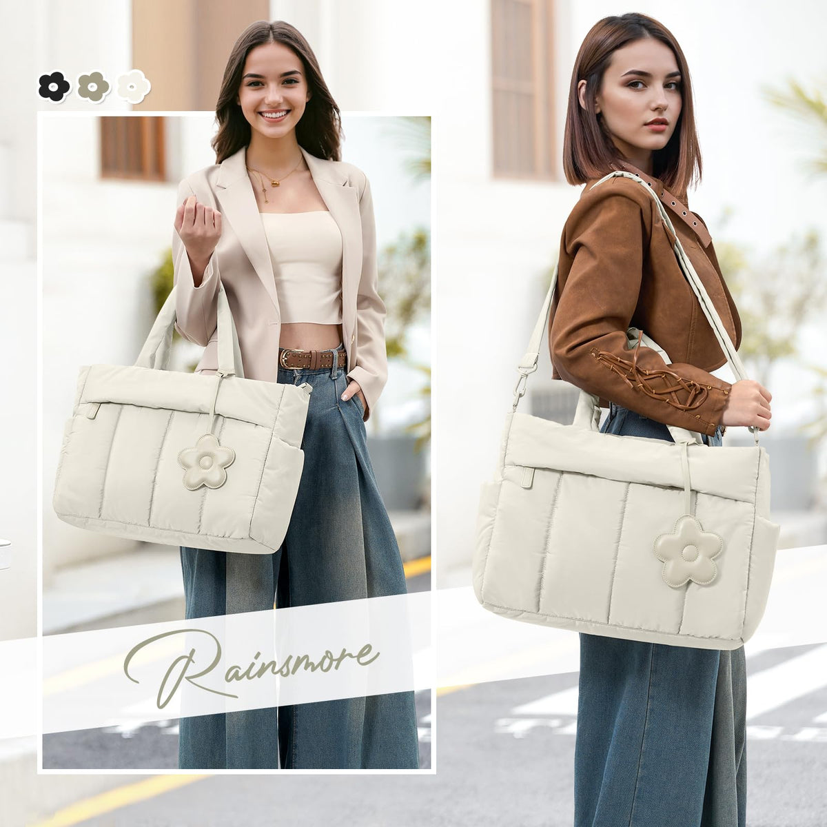 RAINSMORE quilted tote with detachable strap for versatile style.