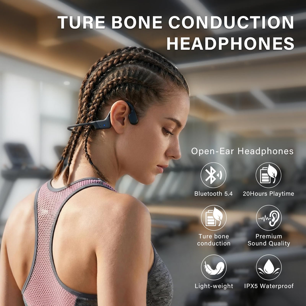 Rakklor bone-conduction headphones worn with neckband for secure, comfortable fit during runs.