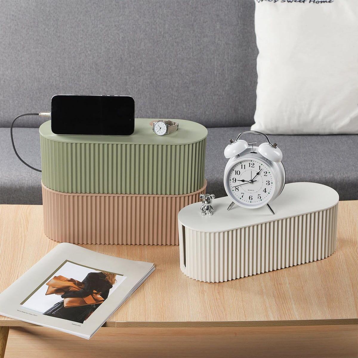 RAMFIYN khaki cord hider in a dresser setup concealing wires safely