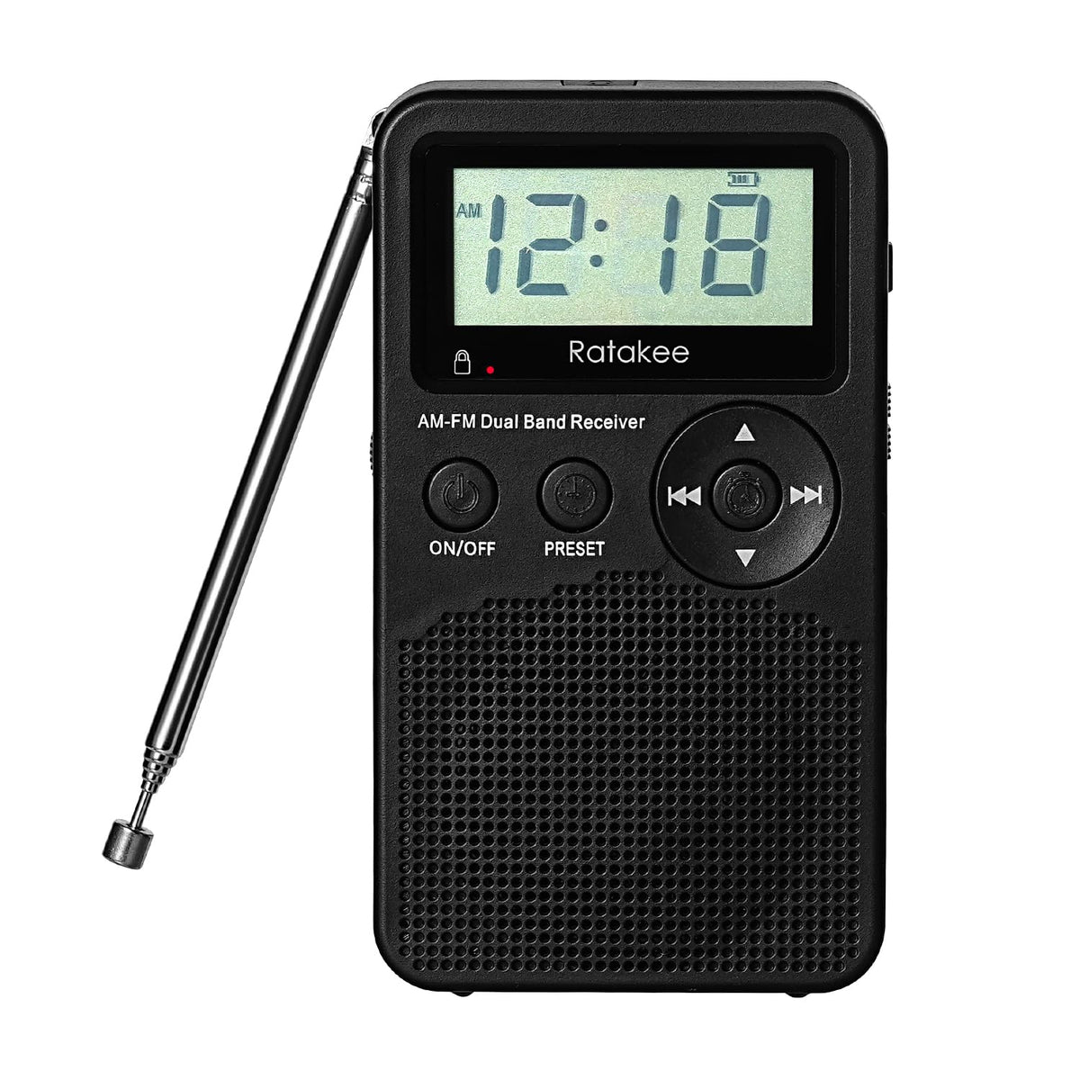 Ratakee AM/FM radio front view, compact handheld design for outdoor listening.