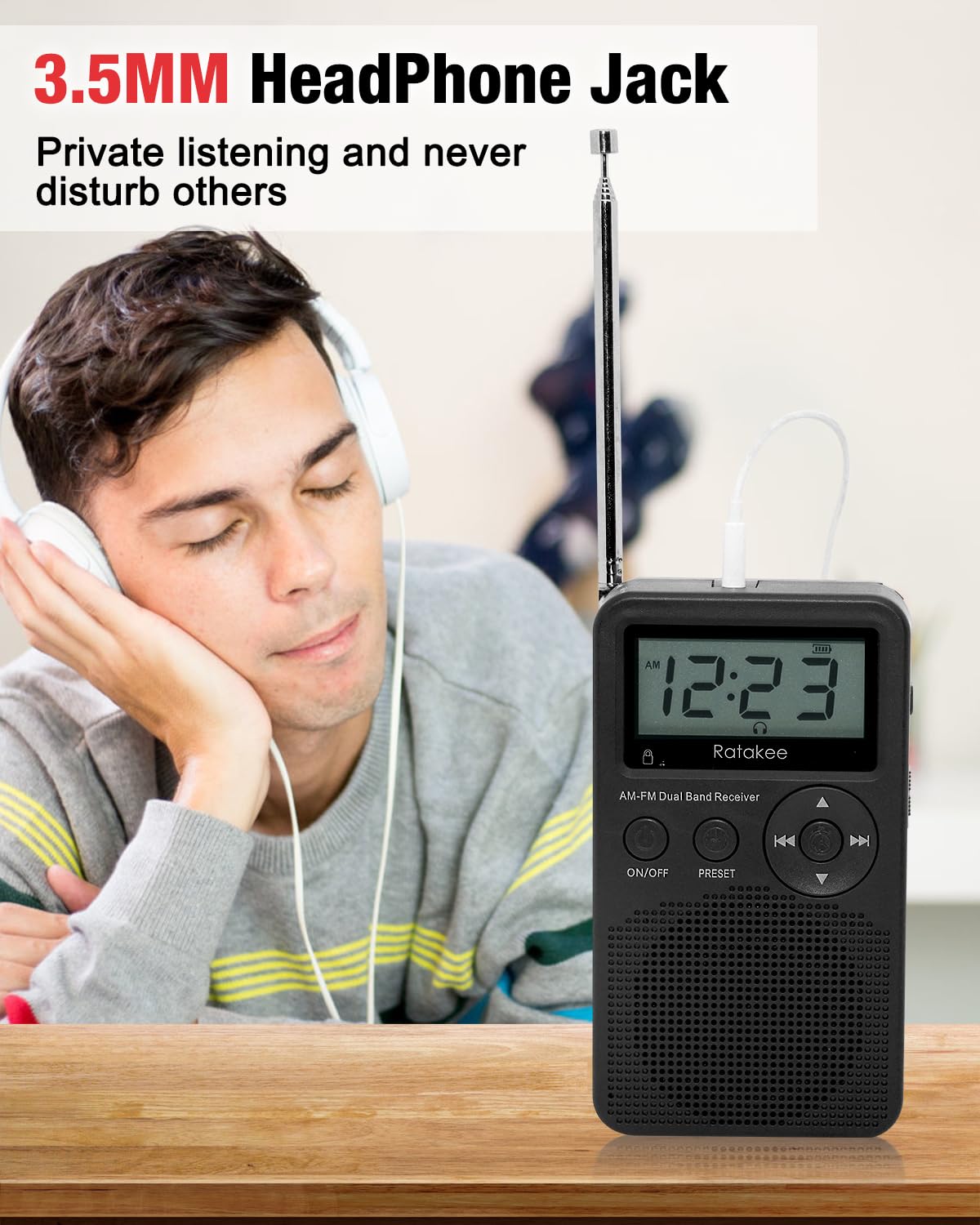 Ratakee portable radio back panel with accessible battery compartment for quick changes.