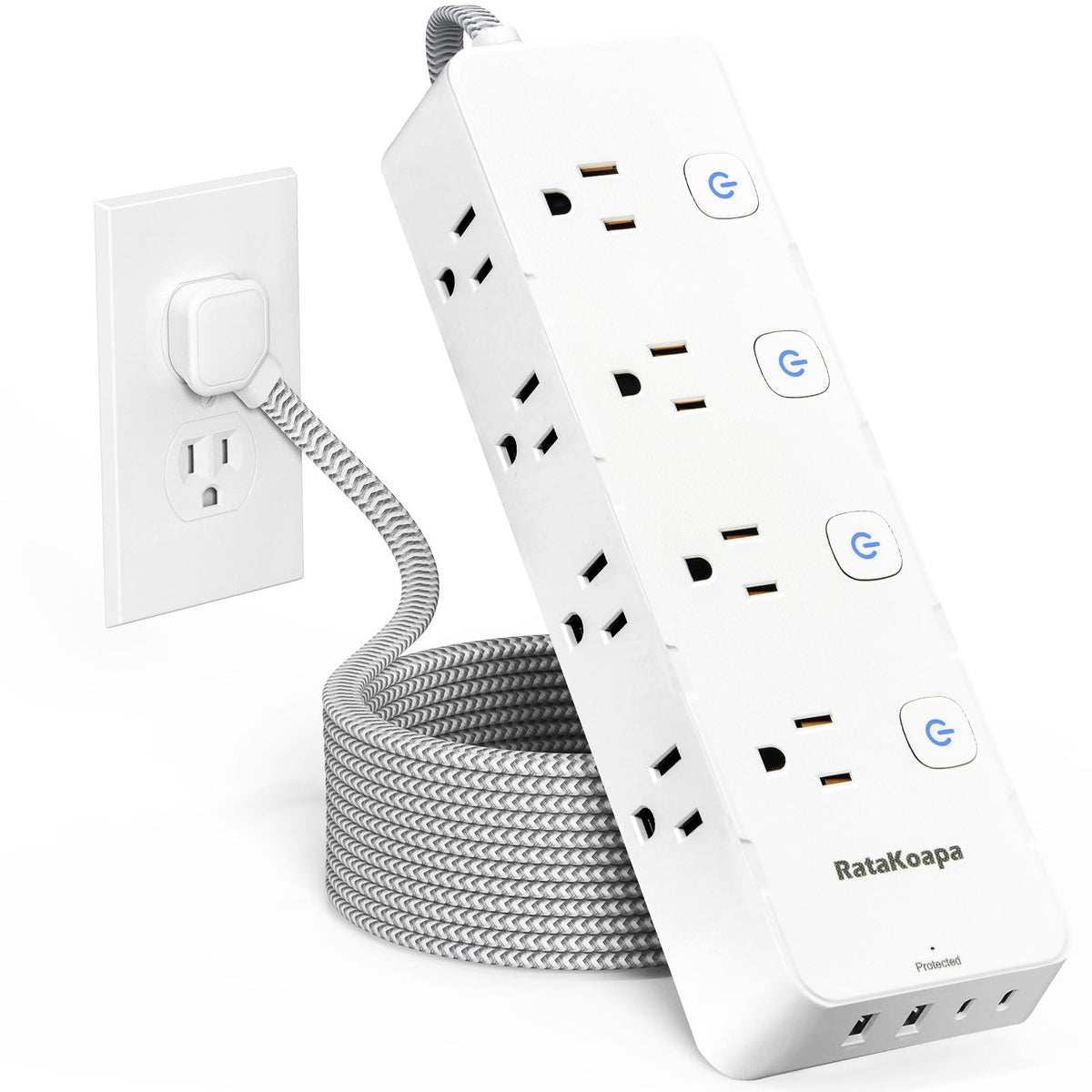 RataKoapa 10ft surge power strip front view for easy placement in dorm rooms.