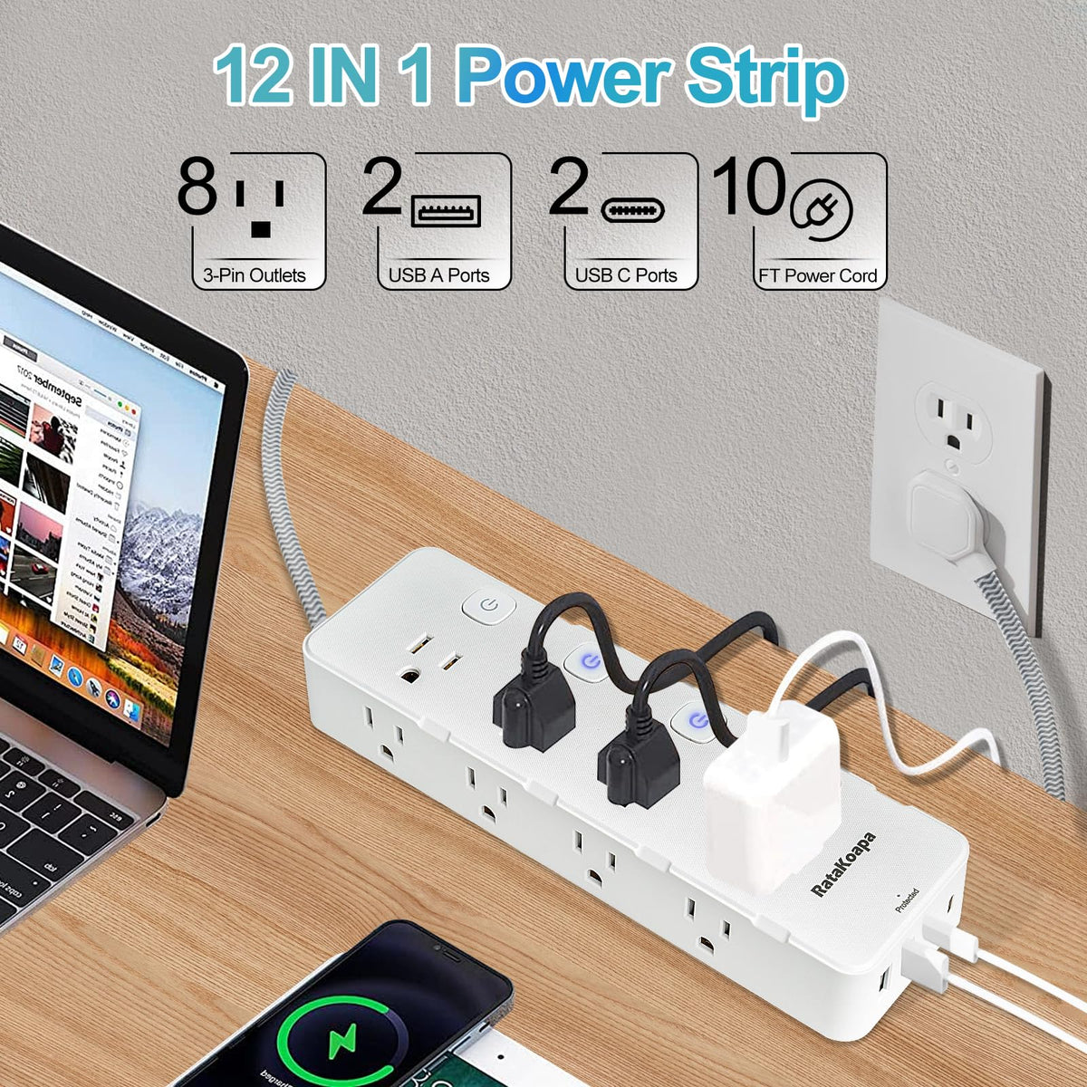 RataKoapa 8-outlet power strip and USB ports for versatile desk charging.