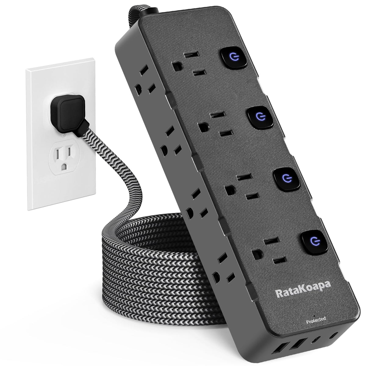 RataKoapa surge protector power strip with 10 ft cord front view ideal for dorm desks
