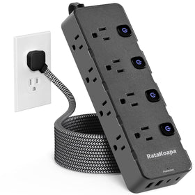 RataKoapa surge protector power strip with 10 ft cord front view ideal for dorm desks