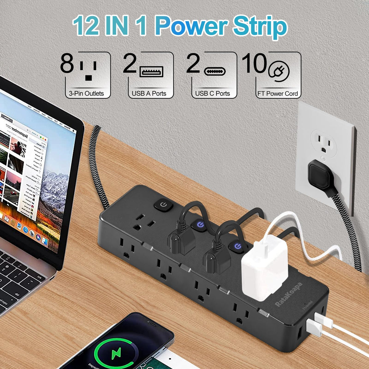 RataKoapa surge protector power strip showing 8 AC outlets for multiple devices