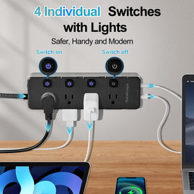 RataKoapa surge protector power strip with individual switches for controlled outlets