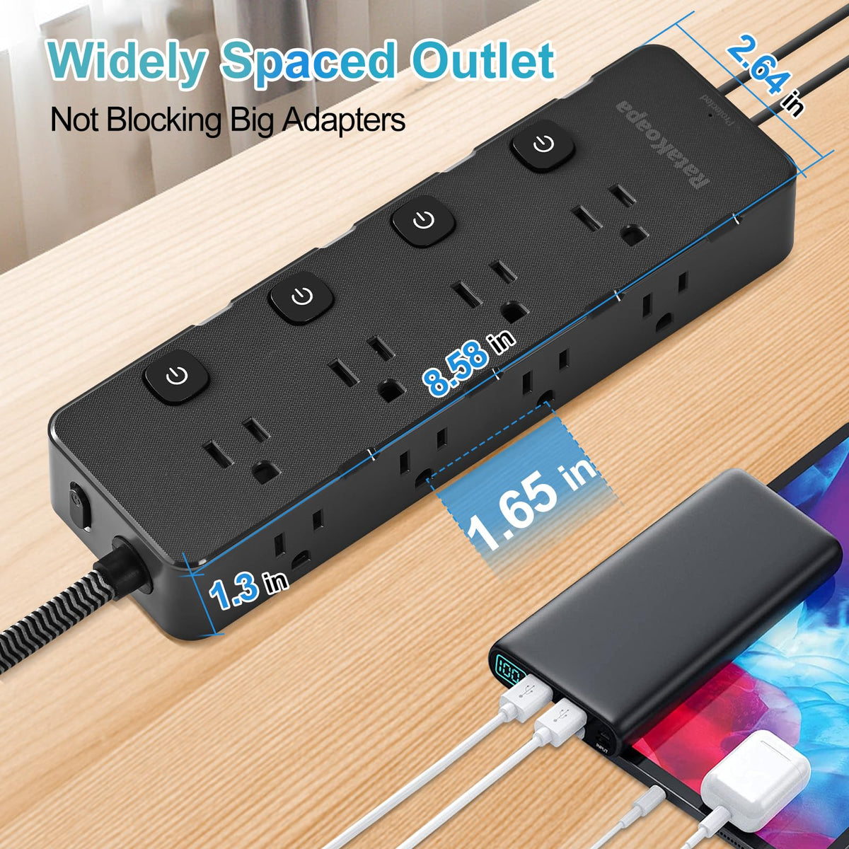 RataKoapa surge protector power strip mounting holes for wall or desk setup