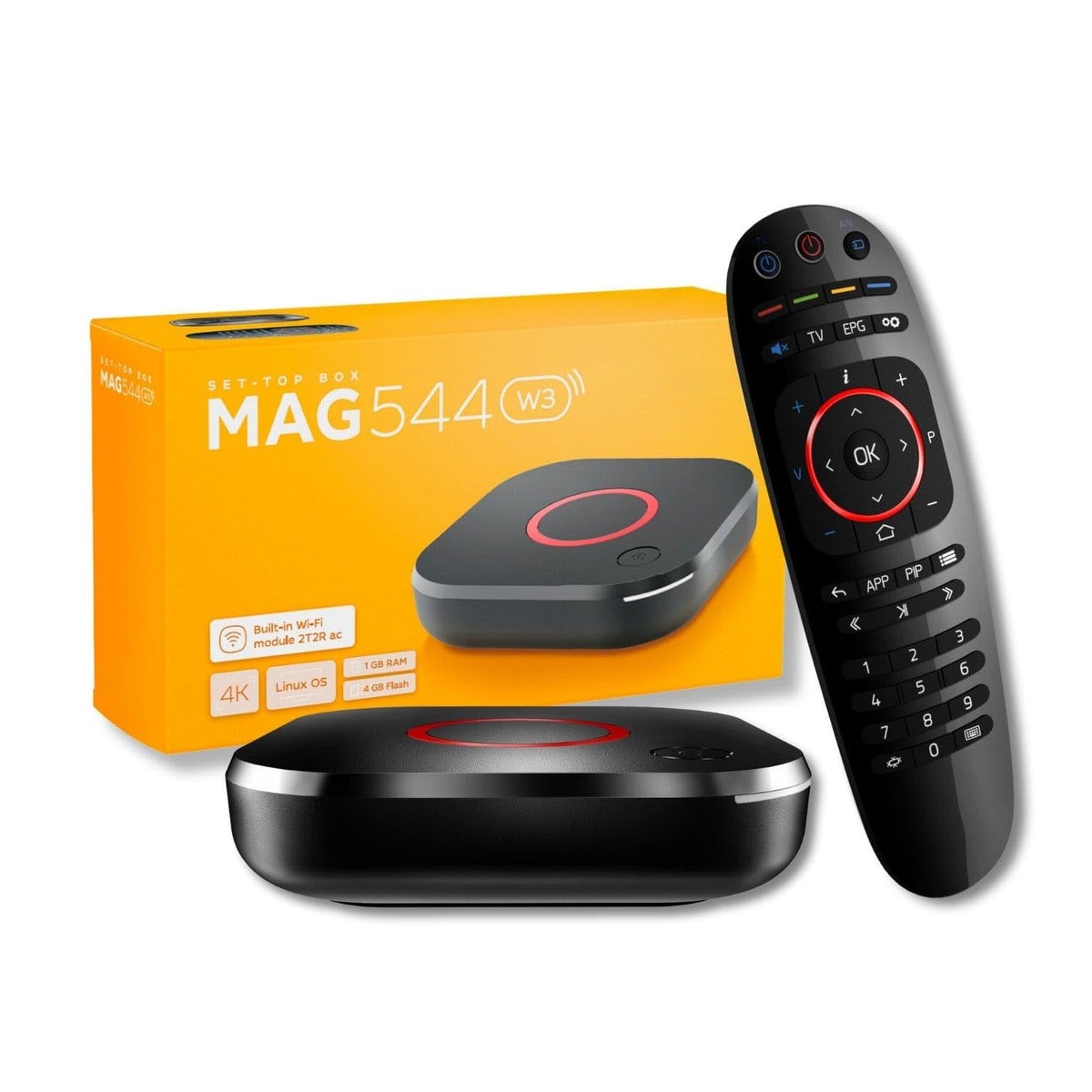 RAXXIO MAG544w3 front view highlights a compact set-top box for seamless 4K streaming