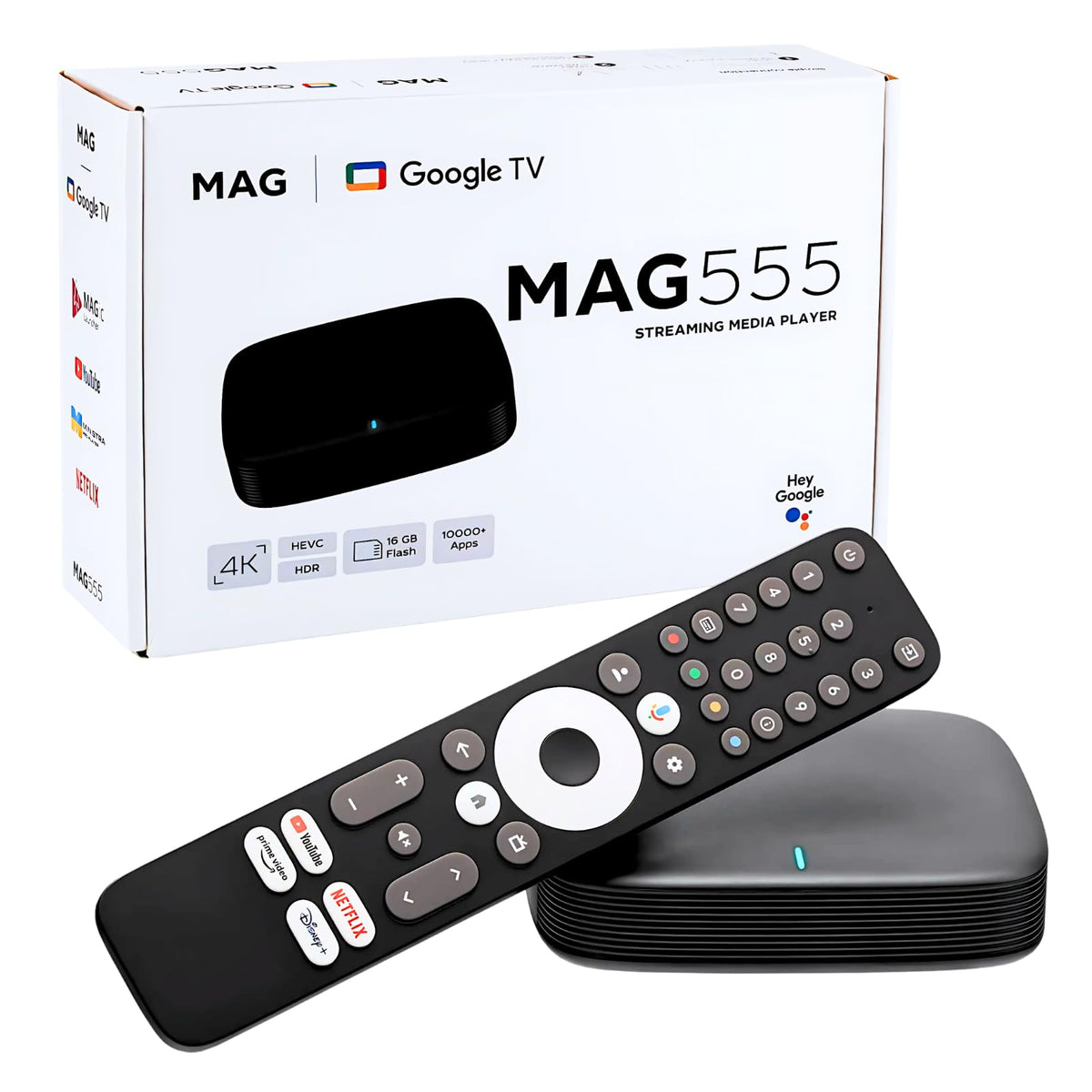 RAXXIO MAG555 with Google TV home screen for easy app navigation.