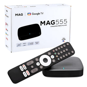 RAXXIO MAG555 with Google TV home screen for easy app navigation.