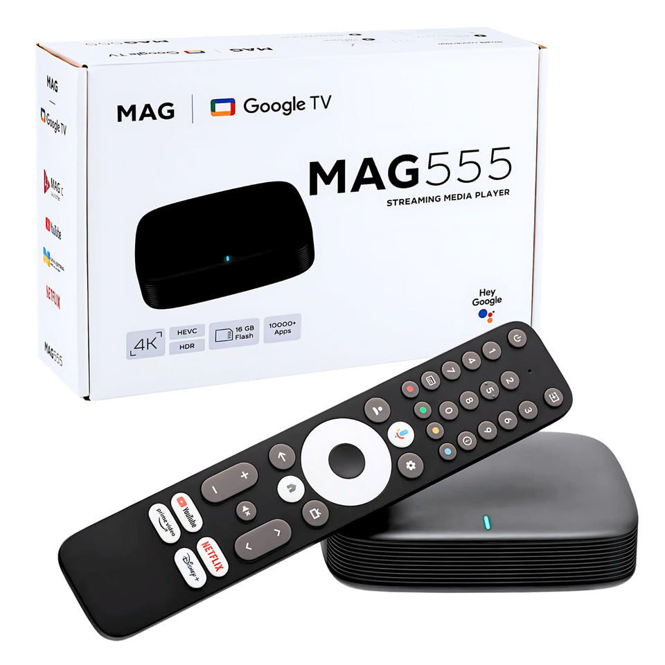 RAXXIO MAG555 with Google TV home screen for easy app navigation.