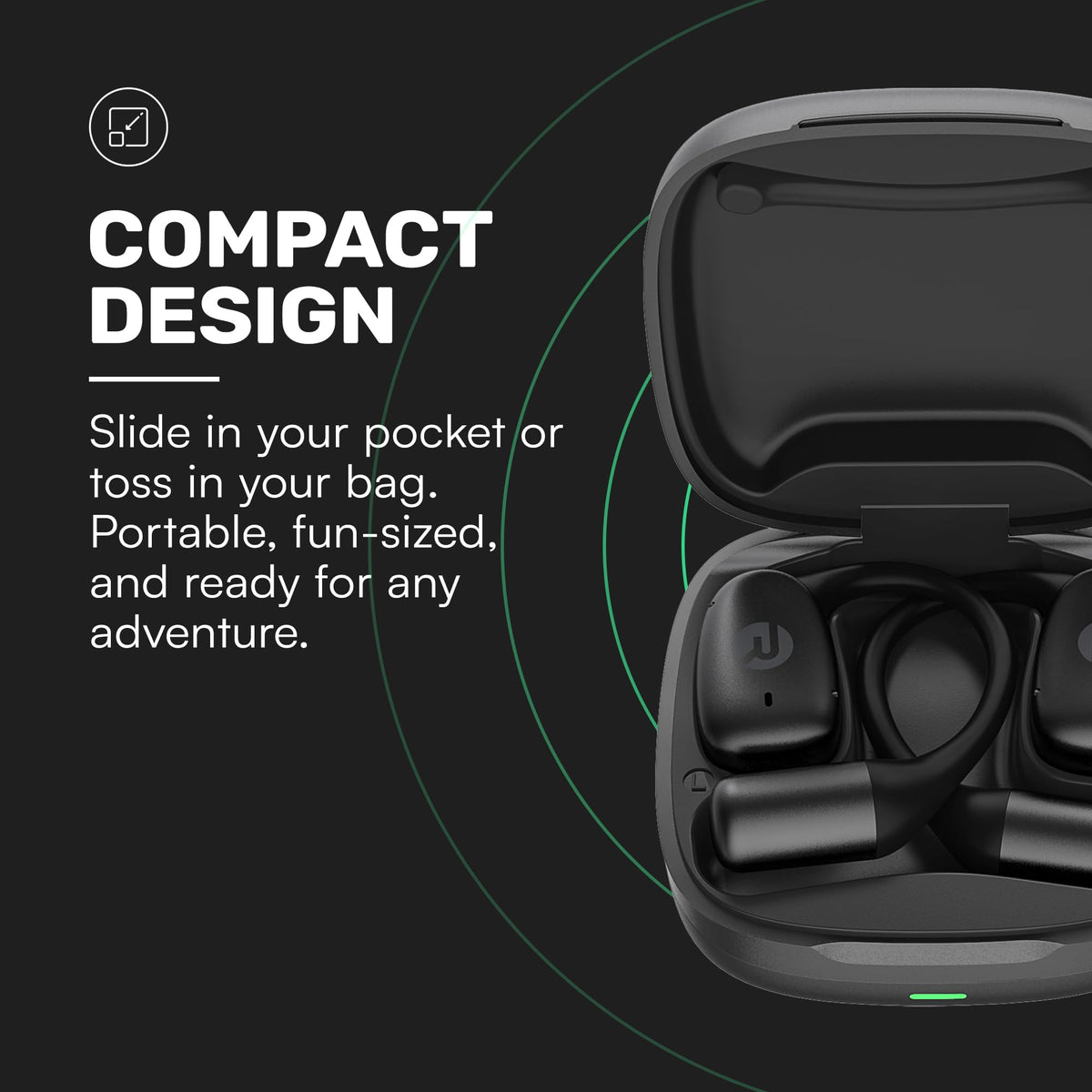 Raycon Essential open-ear buds charging indicator shows long battery life