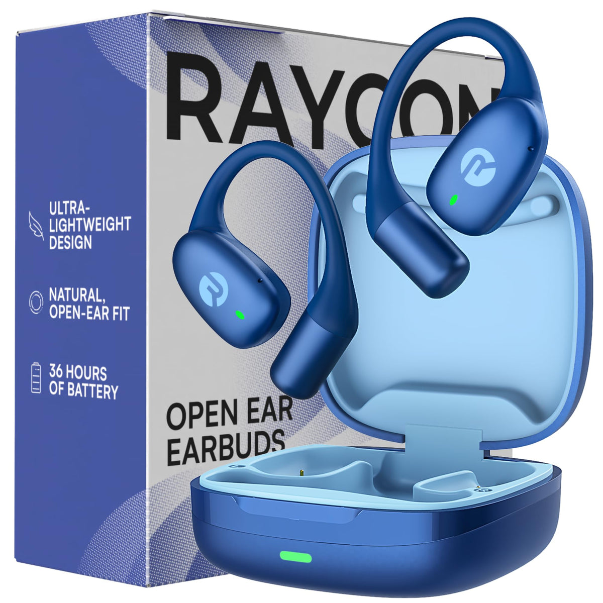 Raycon Essential Open Ear Buds in front view with blue finish for daily listening on the go.