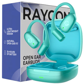 Raycon Essential open-ear buds front view in mint showing lightweight comfort for daily wear